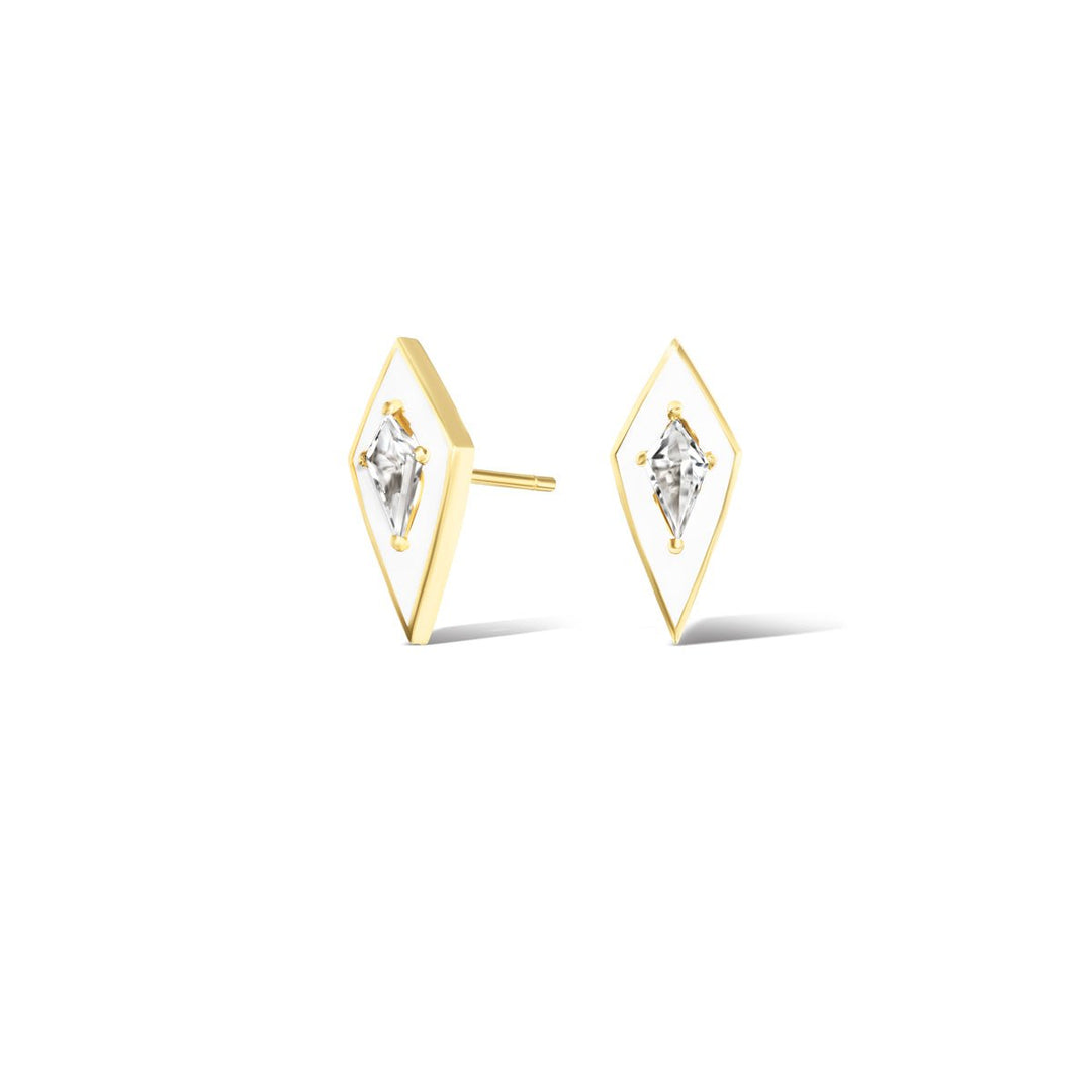 A/C - 14k Gold + White Enamel + White Sapphine Kite Studs - Kalifornia Jean Bar