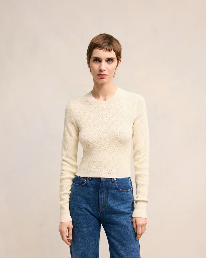 AMI PARIS - Off White Ami De Coeur Pointelle Crewneck Sweater - Kalifornia Jean Bar