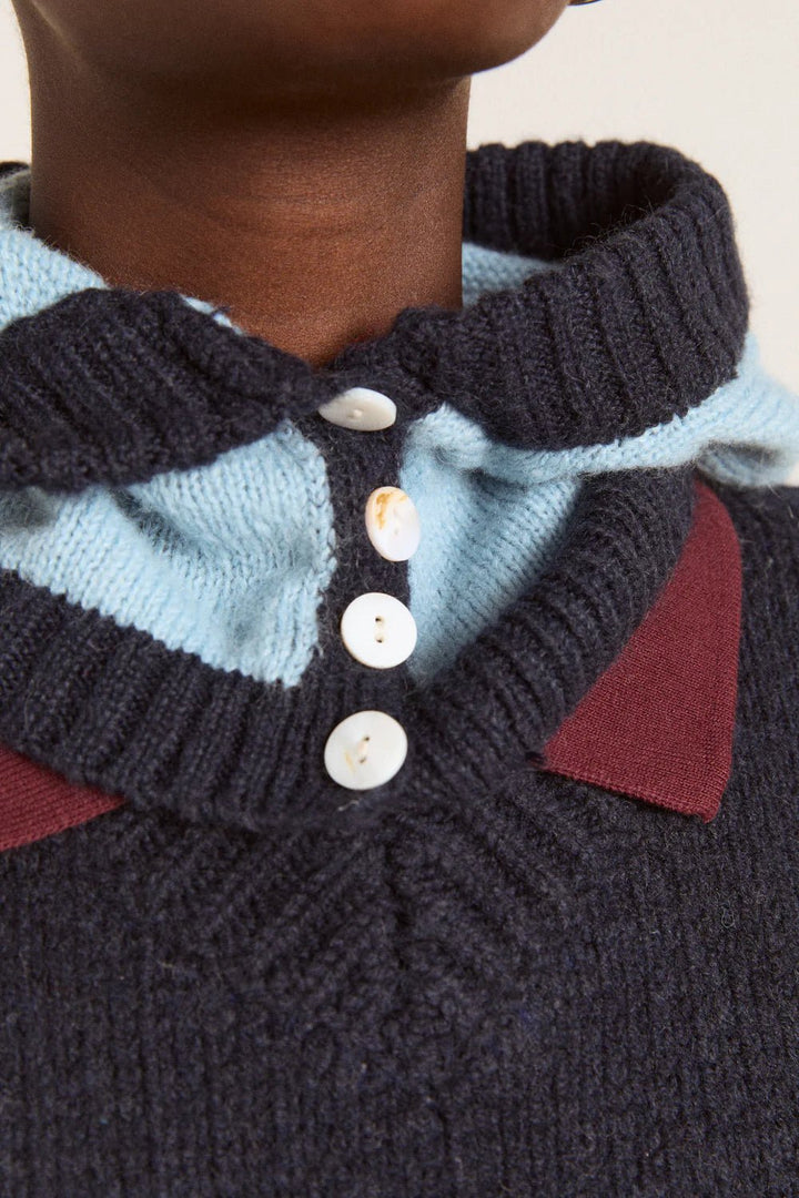 Damson Madder - Button Through Hood in Blue - Kalifornia Jean Bar