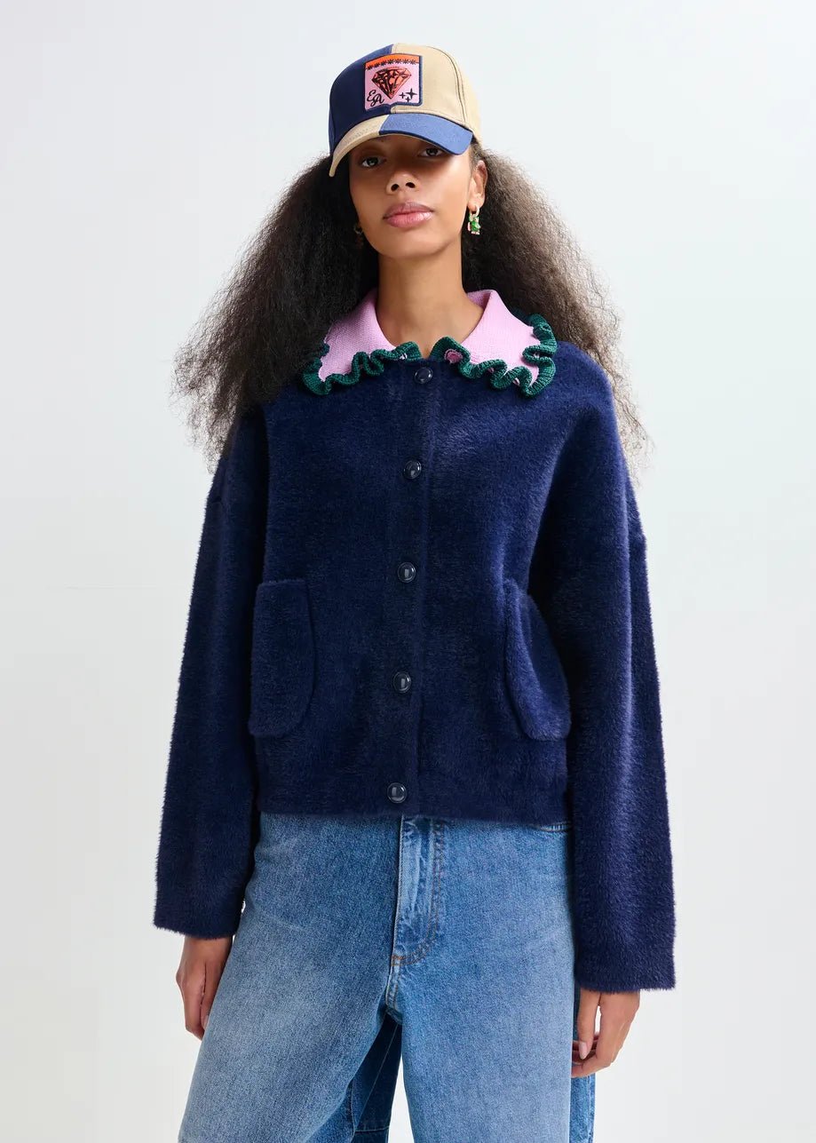Essentiel Antwerp - Navy Cardigan Purple Green Ruffle Collar 