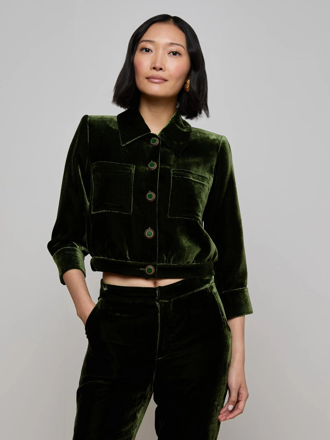 L'Agence - Deep Olive Jia Velvet Jacket - Kalifornia Jean Bar