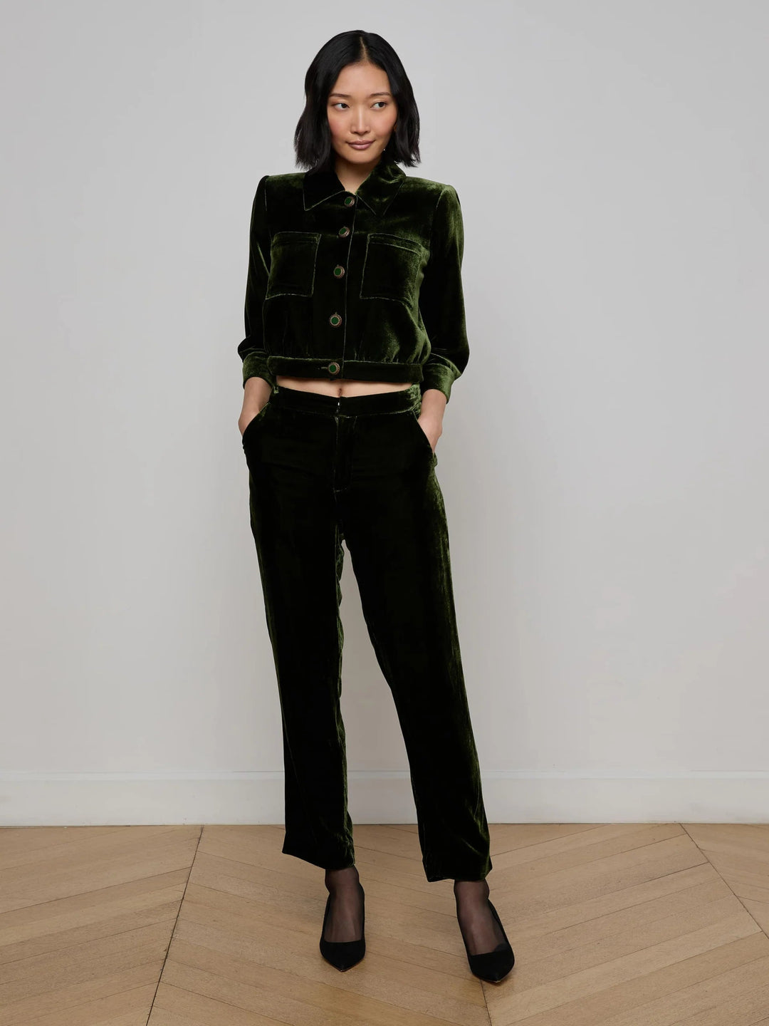 L'Agence - Deep Olive Rebel Velvet Trouser - Kalifornia Jean Bar