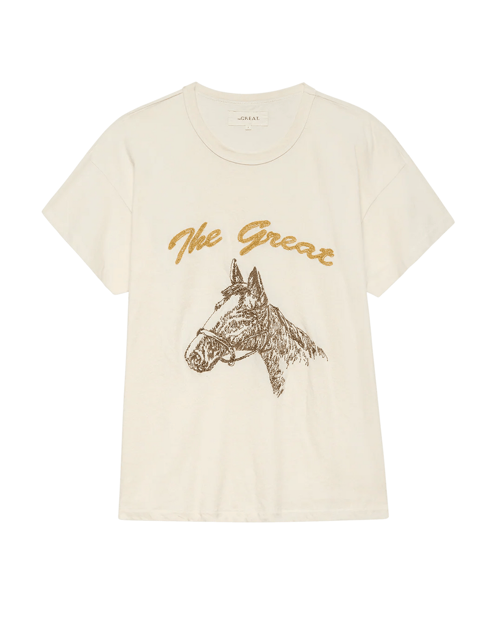 The Great - Washed White Boxy Crew w/ Horse Embroidery - Kalifornia Jean Bar