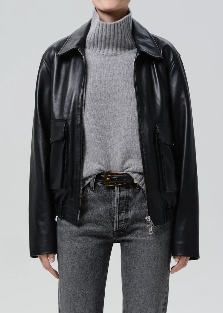 Citizens of Humanity - Black Zip Front Leather Bomber Jacket