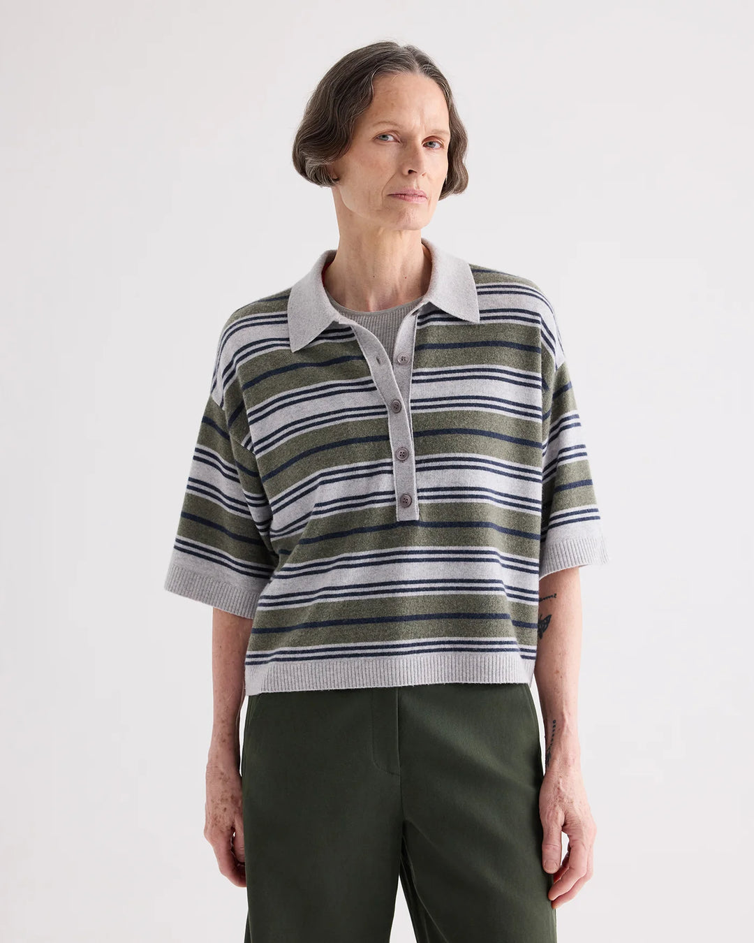 TWP - SS Polo Sweater w/ Stripes Moss/Night Sky/Light Grey