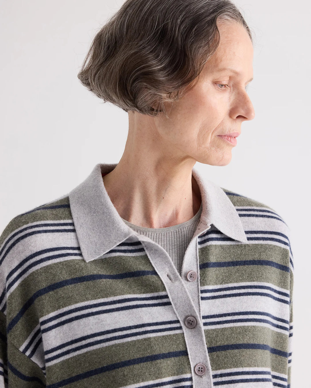 TWP - SS Polo Sweater w/ Stripes Moss/Night Sky/Light Grey