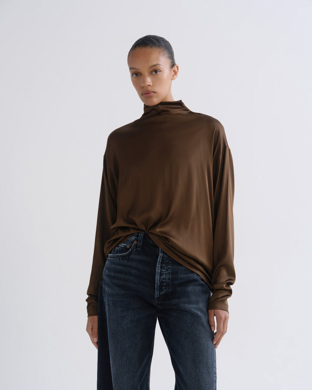 Agolde Bryony Top in Olive Brown satin on model