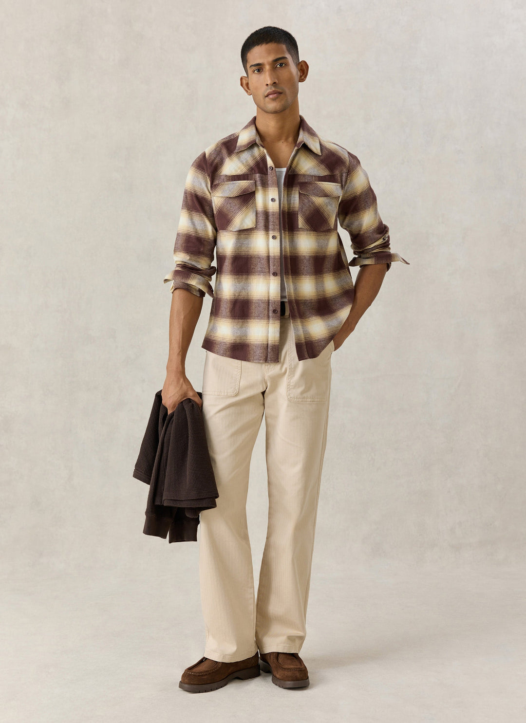 Percival Ashe brown check shirt with loafers