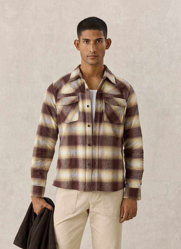 Percival Ashe brown check western shirt on model