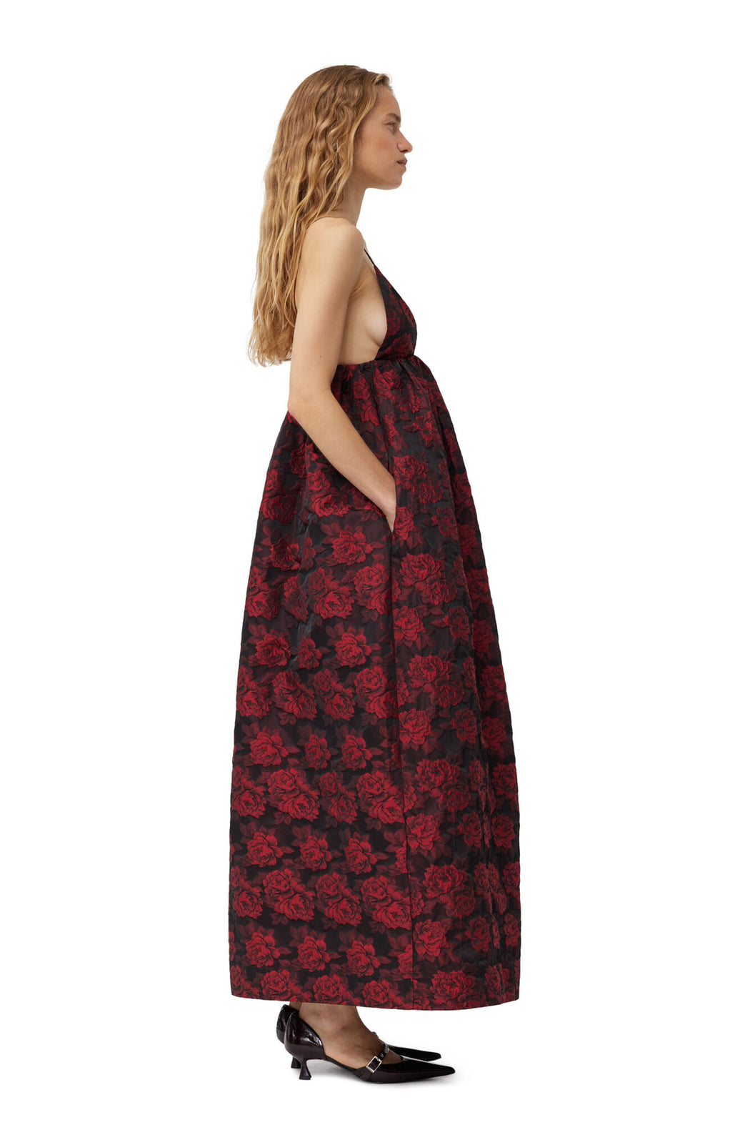 Ganni - Botanical Jacquard Long Strap Dress in High Risk Red