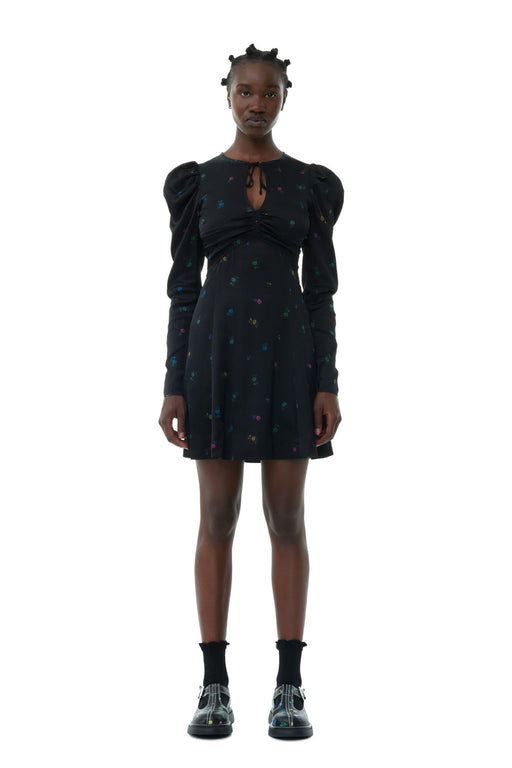 Ganni - Black Printed Long Sleeve Mini Dress