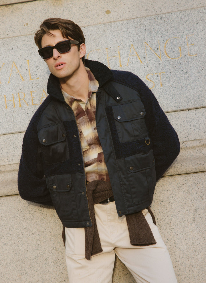 Percival Ashe check shirt layered under a jacket