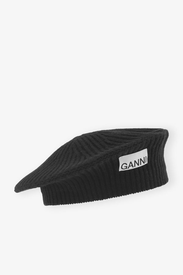 Ganni - Black Wool Rib Knit Beret