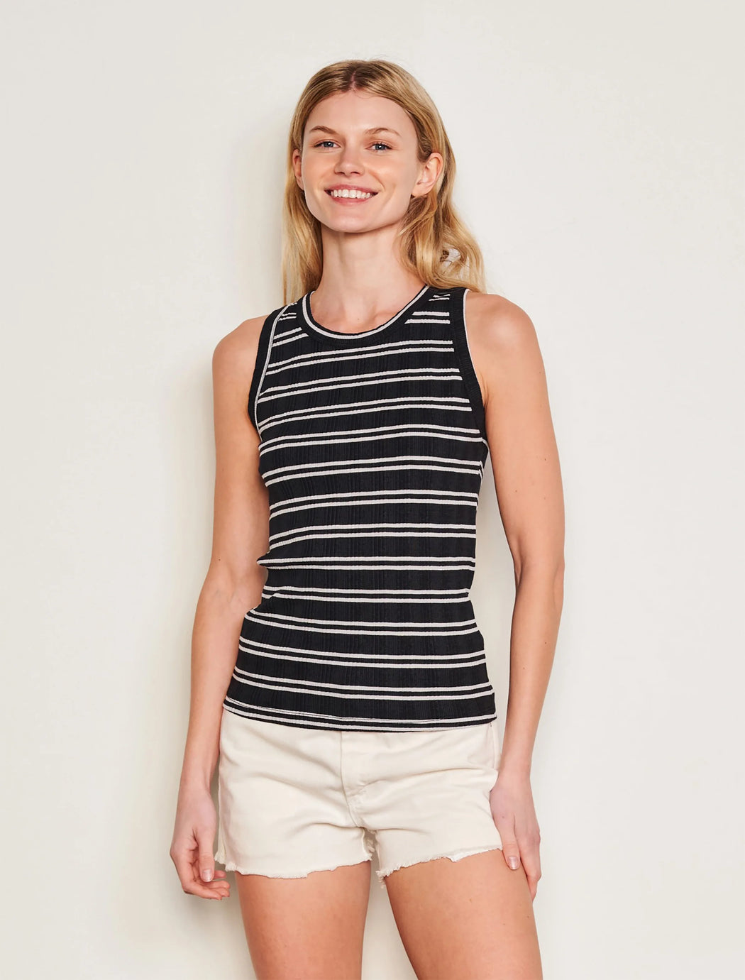 Sundry - Deep Navy Stripe High Crew Tank