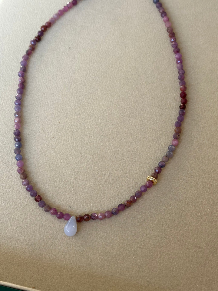 LivElle - Natural Purple Ruby with Calcedony TearDrop Pendant & a CZ Micro Pave Spacer