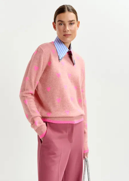 Essentiel Antwerp - Pink Heart Intarsia Wool Sweater