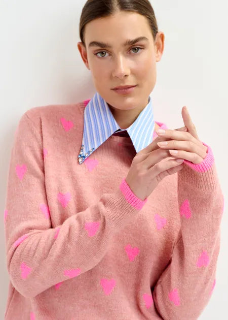 Essentiel Antwerp - Pink Heart Intarsia Wool Sweater