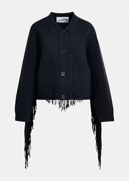 Essentiel Antwerp - Navy Cropped Knitted Fringe Jacket