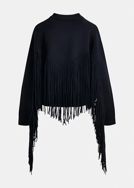 Essentiel Antwerp - Navy Cropped Knitted Fringe Jacket