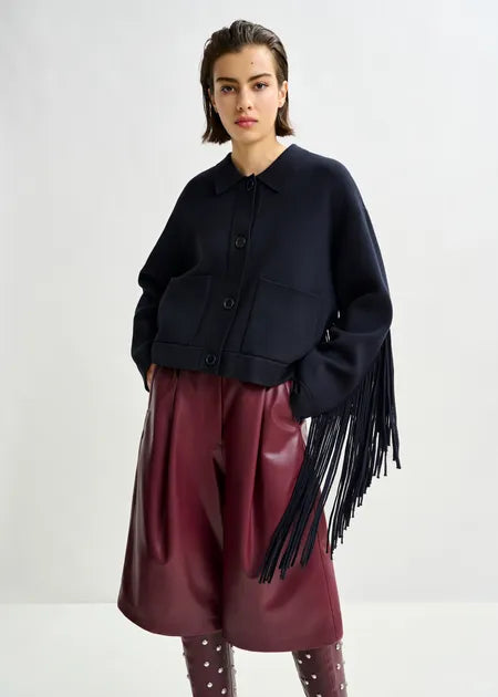 Essentiel Antwerp - Navy Cropped Knitted Fringe Jacket