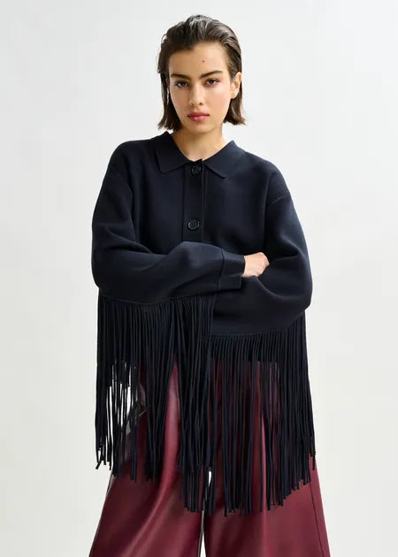 Essentiel Antwerp - Navy Cropped Knitted Fringe Jacket