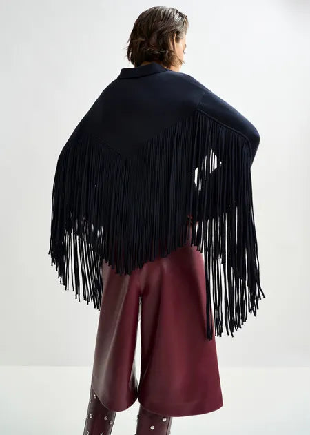 Essentiel Antwerp - Navy Cropped Knitted Fringe Jacket
