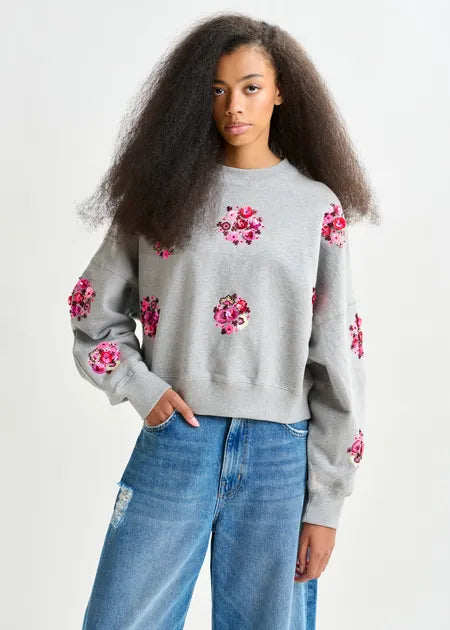 Essentiel Antwerp - Grey Multi Sweatshirt w/ Floral Sequin
