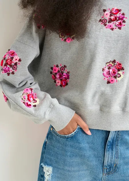 Essentiel Antwerp - Grey Multi Sweatshirt w/ Floral Sequin