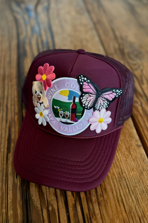 J+C Hats - Burgundy Napa Wine Butterfly Pomeranian Trucker Hat