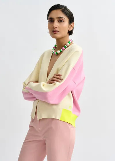 Essentiel Antwerp - Off-White Pink Yellow Colorblock Cardigan