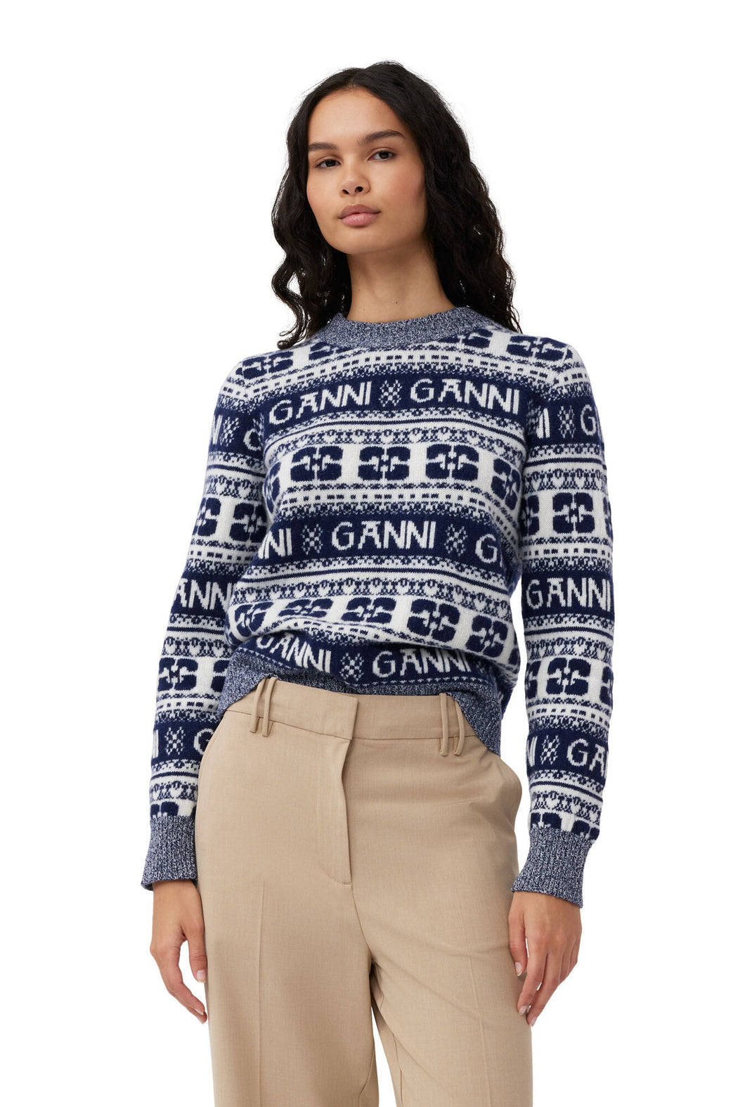 GANNI - Logo Wool O-Neck Sweater in Sky Captain