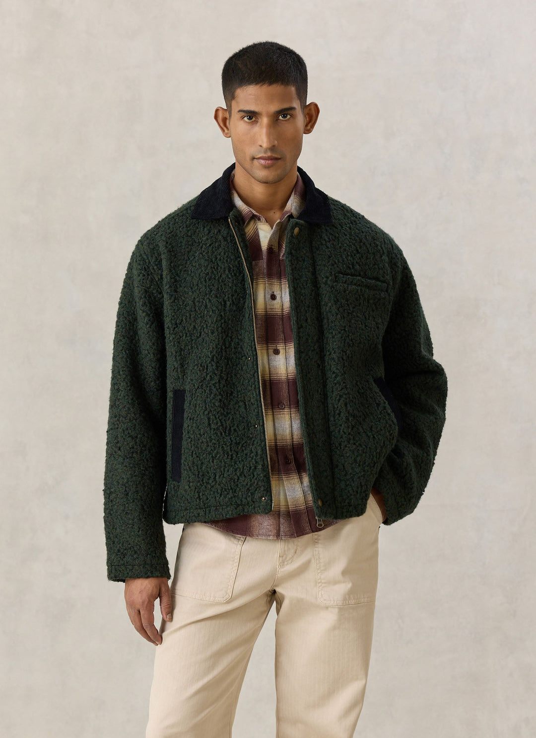 Percival Murrey jacket with cord collar over a check shirt