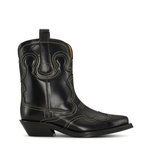 Ganni - Low Shaft Embroidered Western Boot in Black/Yellow