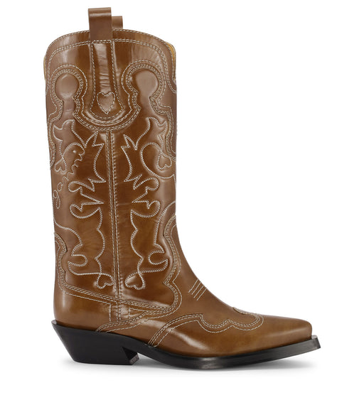 Ganni - Mid Shaft Embroidered Western Boot in Tiger's Eye