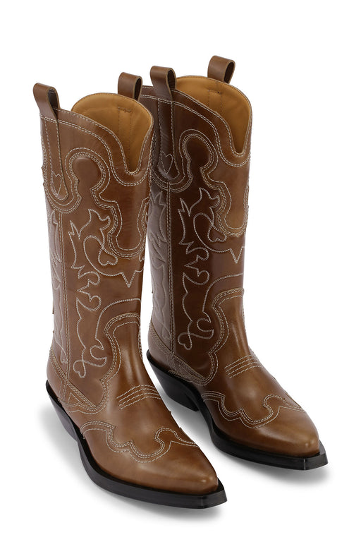 Ganni - Mid Shaft Embroidered Western Boot in Tiger's Eye
