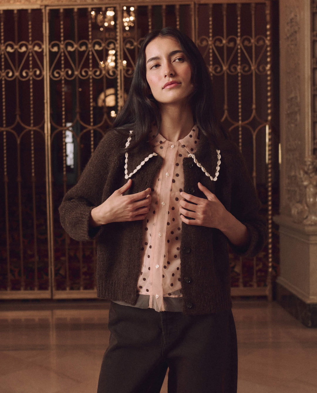 THE GREAT. - Chocolate Brown Crochet Collar Cardigan