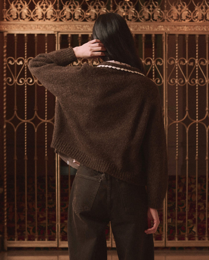 THE GREAT. - Chocolate Brown Crochet Collar Cardigan