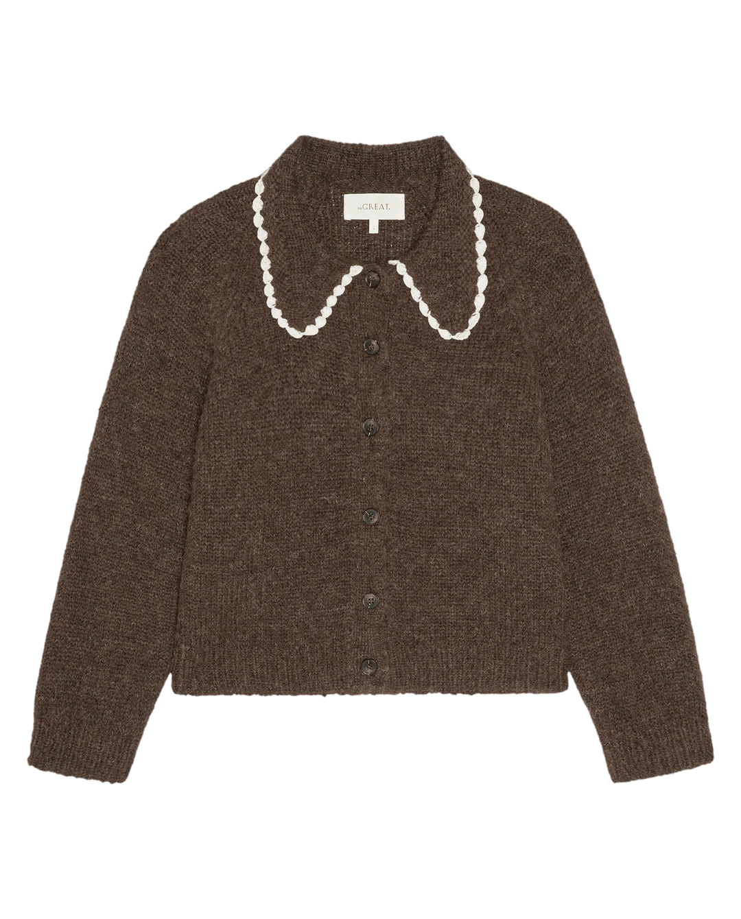 THE GREAT. - Chocolate Brown Crochet Collar Cardigan