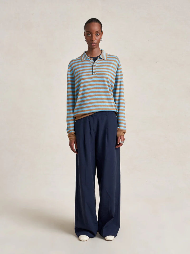 La Ligne - Striped Ben Polo Sweater Striped Cerulean/Camel