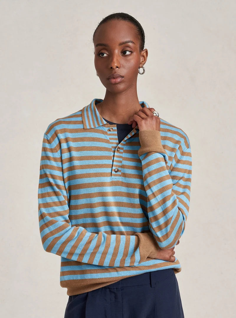 La Ligne - Striped Ben Polo Sweater Striped Cerulean/Camel