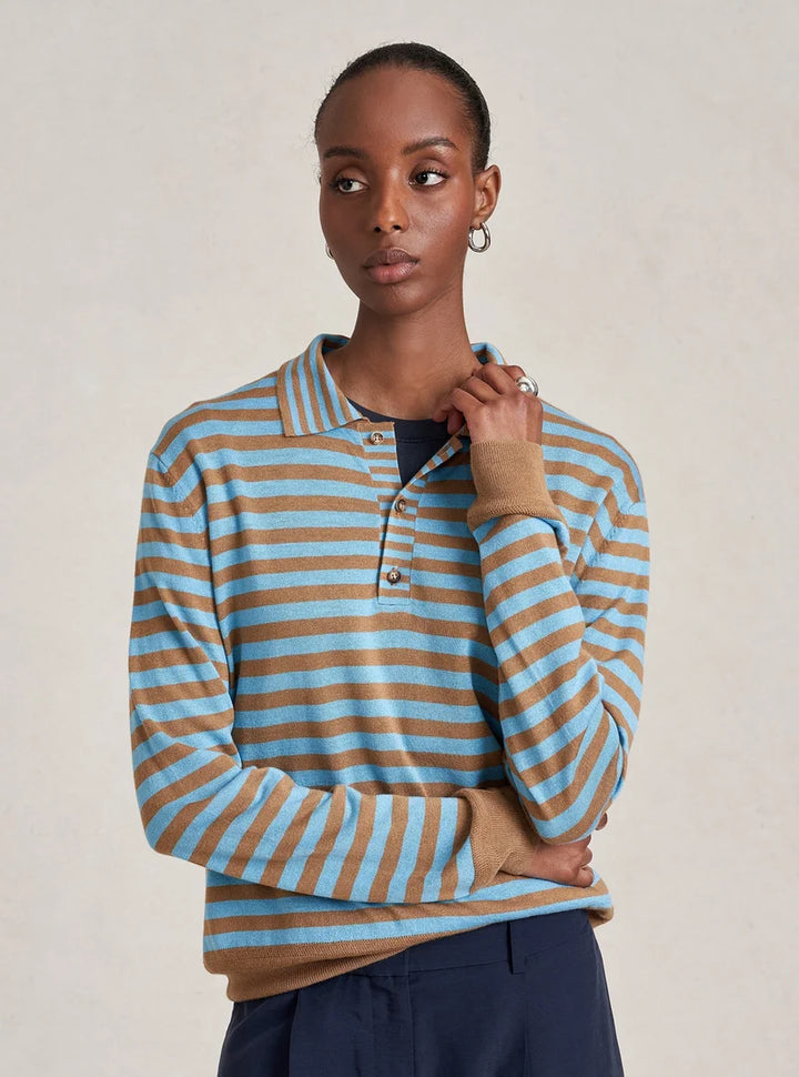 La Ligne - Striped Ben Polo Sweater Striped Cerulean/Camel