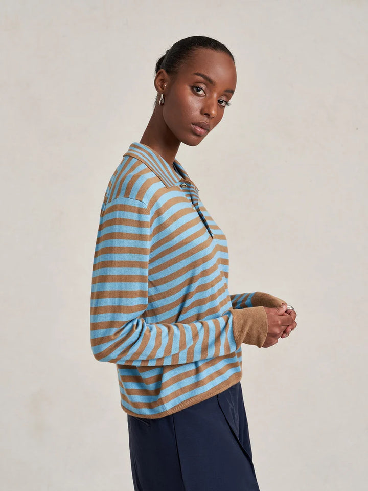 La Ligne - Striped Ben Polo Sweater Striped Cerulean/Camel