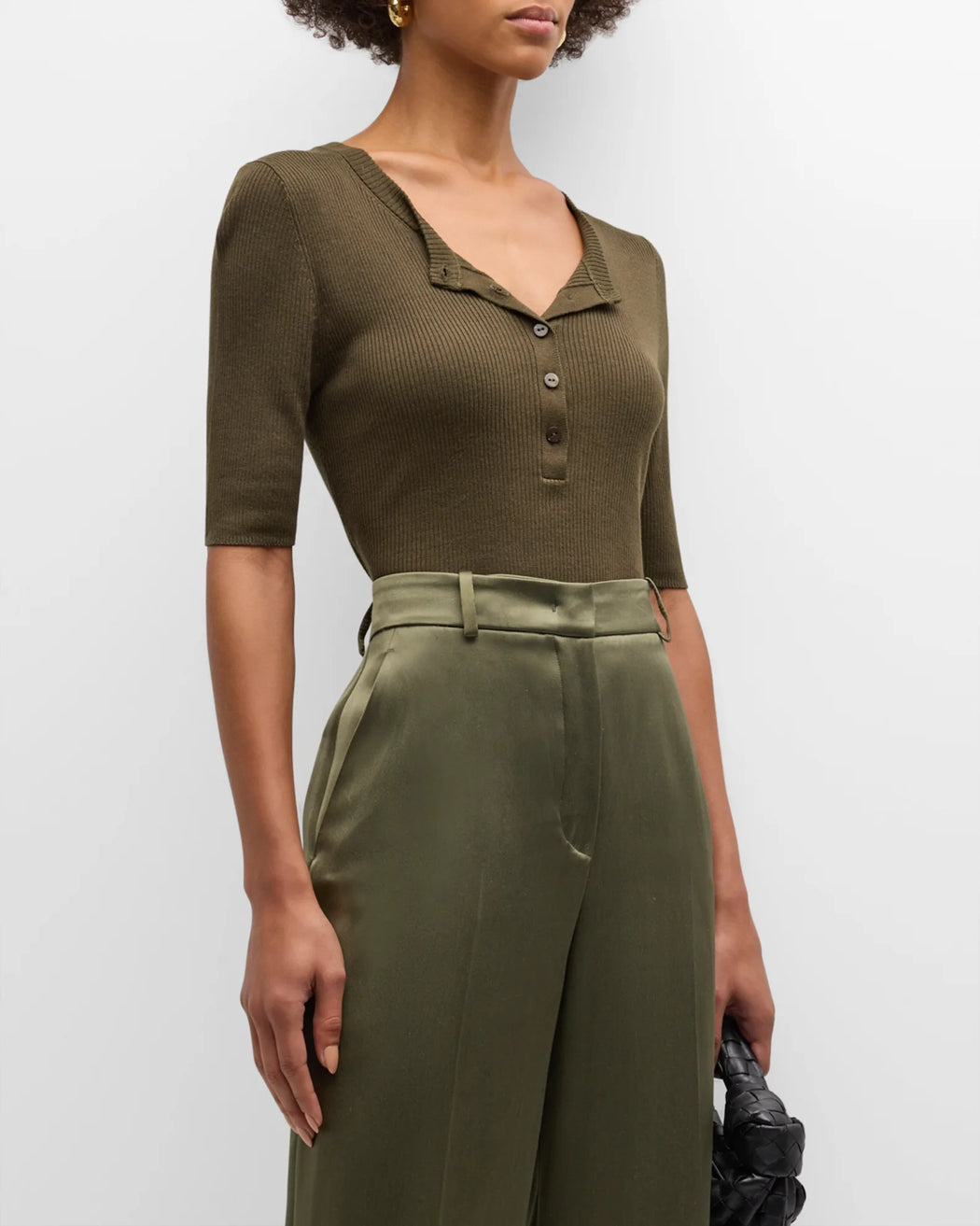 Enza Costa - Army Green Silk Ribbed Half Sleeve Henley