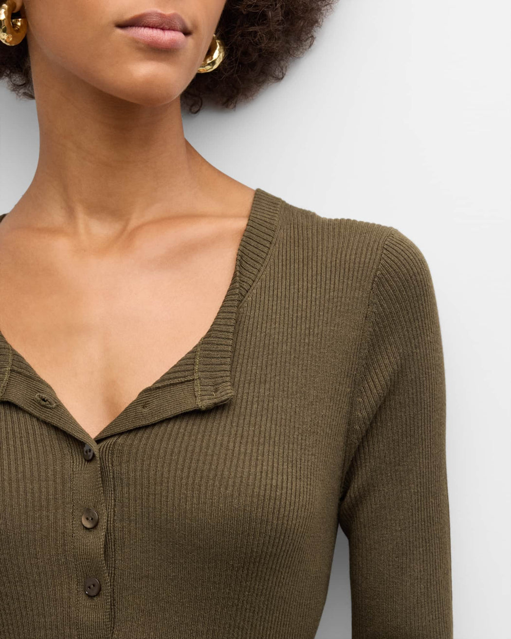 Enza Costa - Army Green Silk Ribbed Half Sleeve Henley