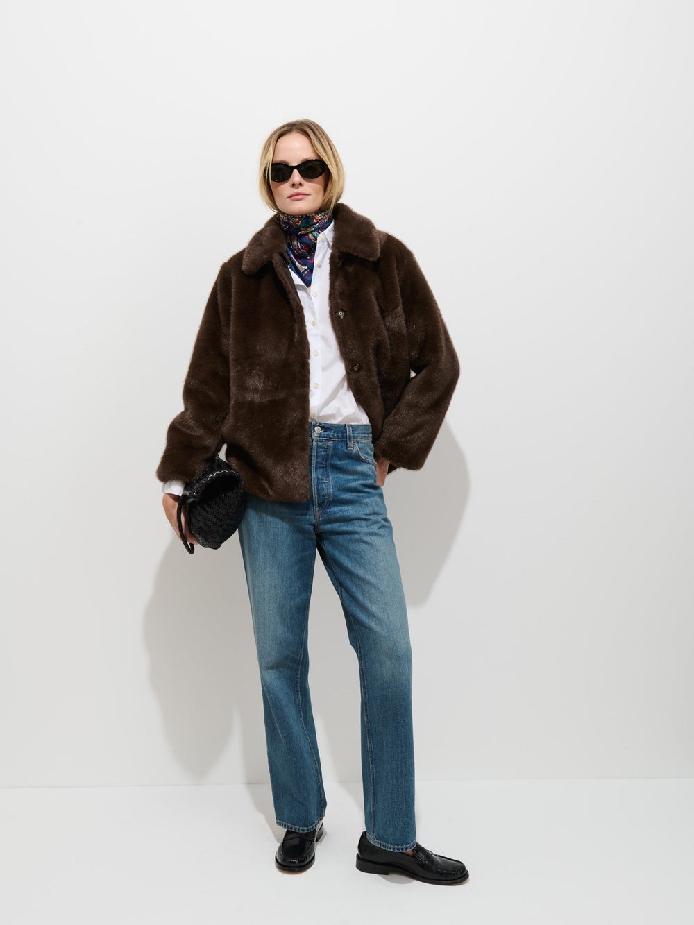 Alex Mill Duane St Faux Fur Jacket in Dark Brown on model, full length