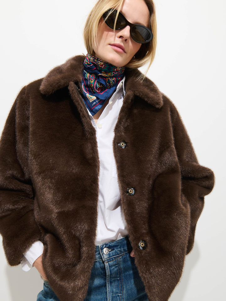 Alex Mill Duane St Faux Fur Jacket in Dark Brown on model