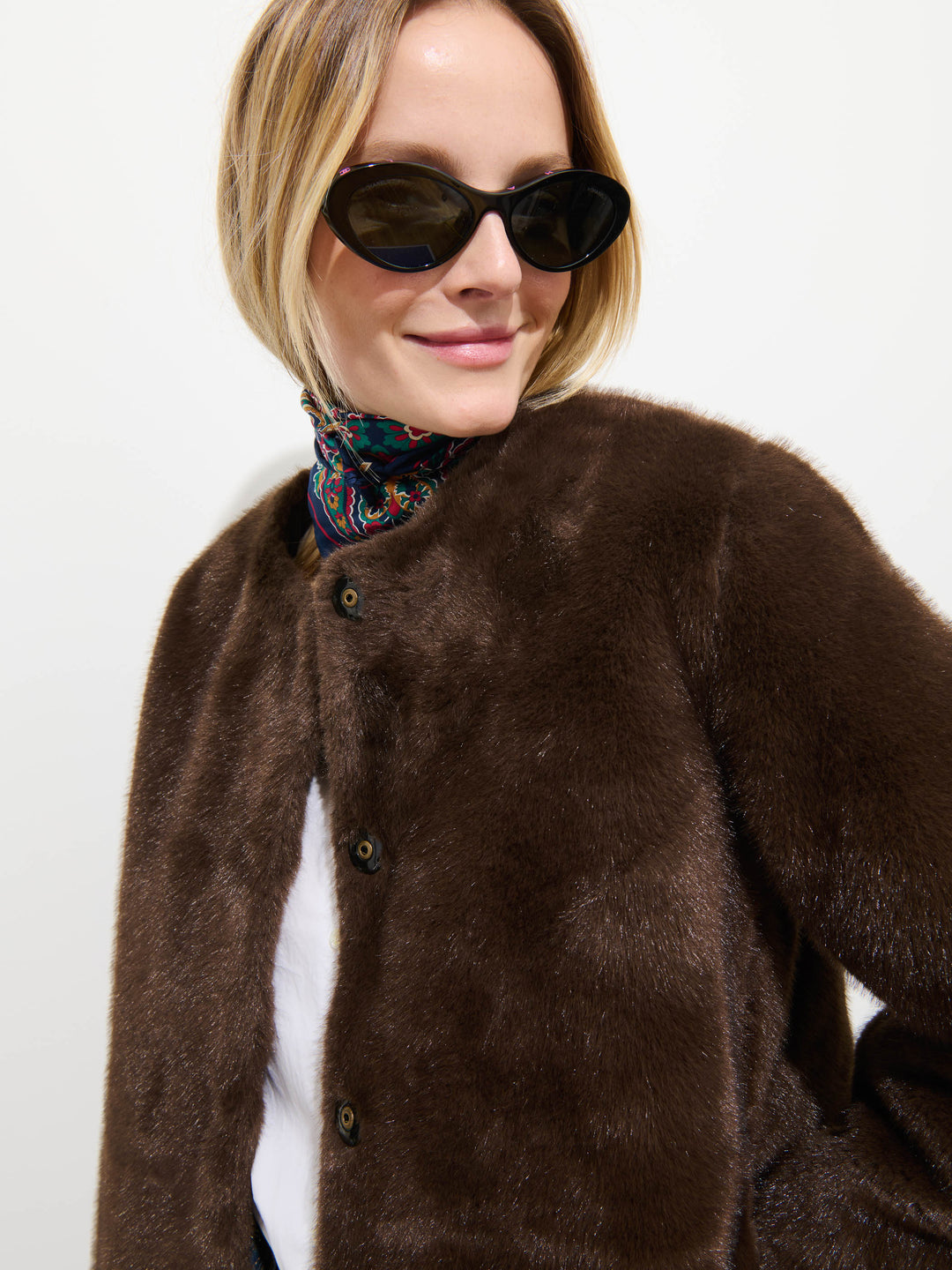 Alex Mill Duane St Faux Fur Jacket in Dark Brown on model, collar detail