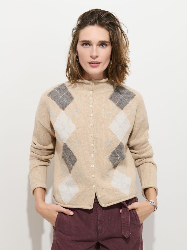 Alex Mill Taylor Argyle Cardigan in Light Oatmeal on model