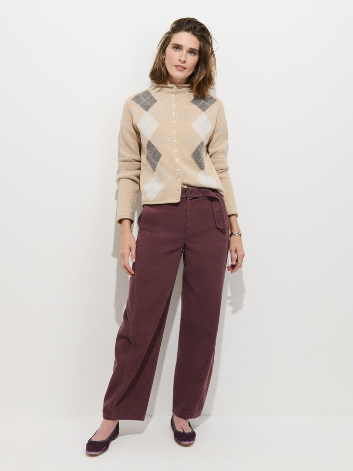 Alex Mill Taylor Argyle Cardigan in Light Oatmeal on model, full length