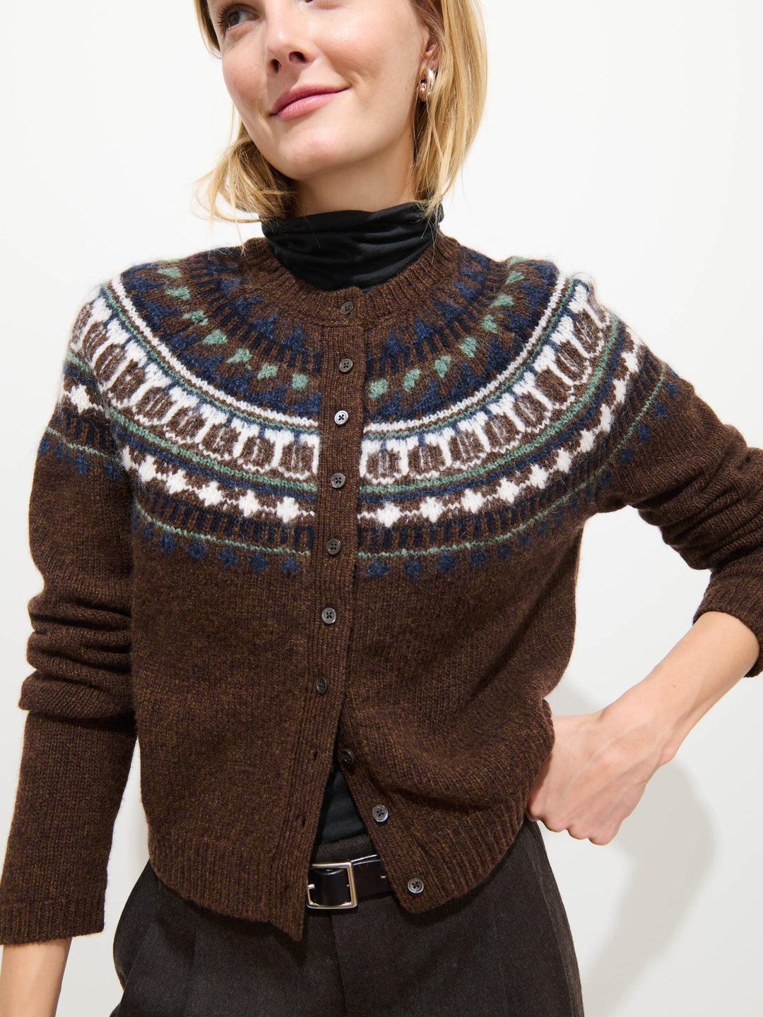 Alex Mill Charlotte Fair Isle Sweater in Chestnut on model